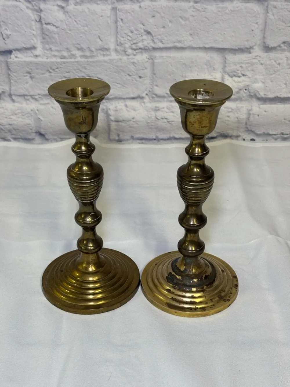 Vintage Pair Brass Candle Stick Holder 8.75 in Tall Made In India Patina